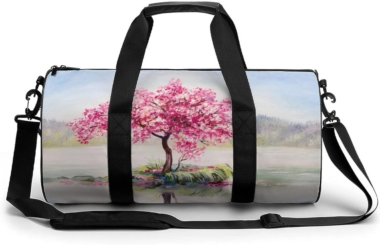 Cherry Blossoms on The Lake Sports Gym Bag Cylindrical Durable Duffel Bag With Shoulder Strap For Travel Sport Workout