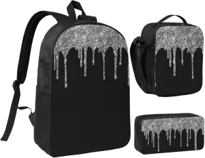 Chic Silver Glitter Drips Sparkle Black 3-Piece Backpack Set – Lightweight backpack, Insulated Lunch Bag & Pencil Case, Durable Oxford for Travel/Work