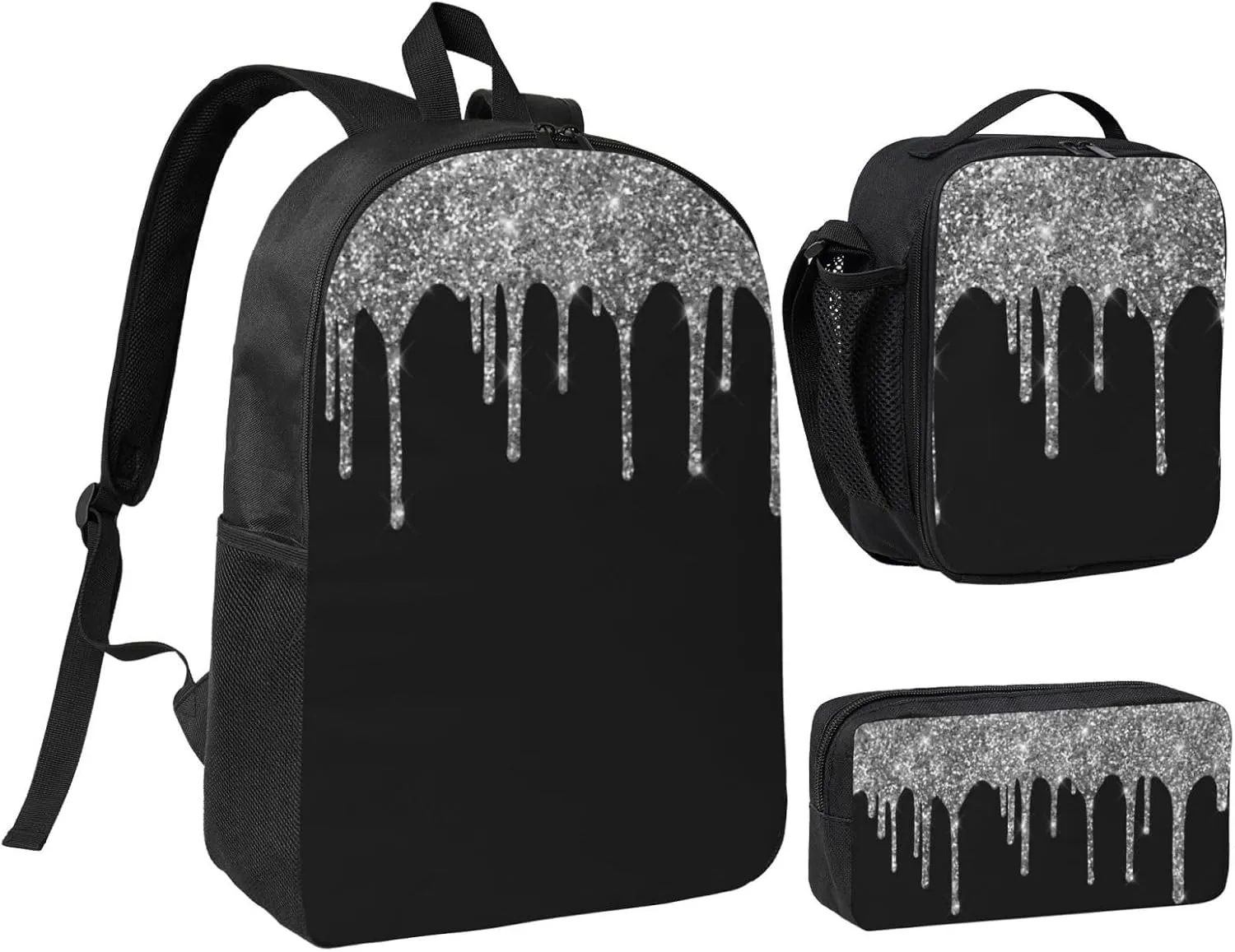 Chic Silver Glitter Drips Sparkle Black 3-Piece Backpack Set – Lightweight backpack, Insulated Lunch Bag & Pencil Case, Durable Oxford for Travel/Work