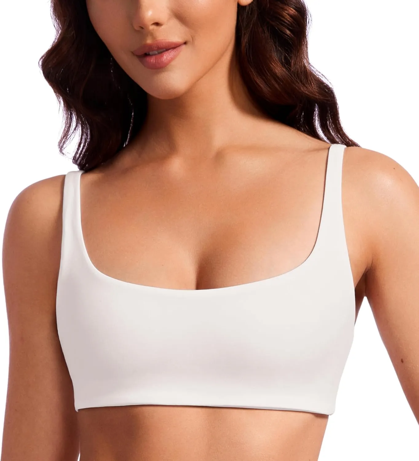 CRZ YOGA Butterluxe Spaghetti Strap Sports Bras for Women - Square Neck Yoga Wireless Low Coverage Padded Cami Crop Top