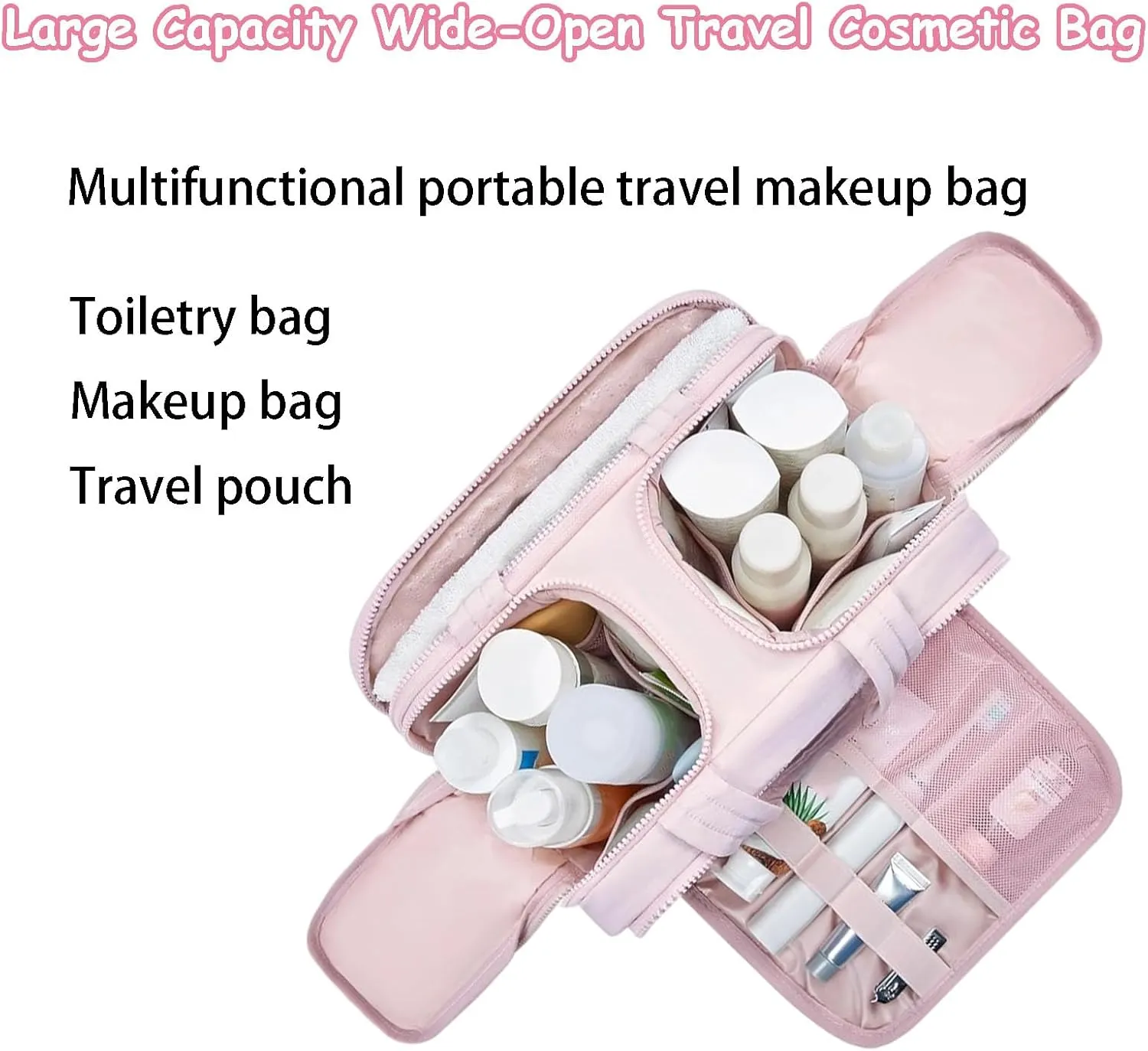 Cureaway Travel Cosmetic Bag, Large Capacity Wide-Open Travel Cosmetic Bag, Open Flat Makeup Bag with 4 Compartments for Toiletries, Cosmetic, Unisex (Black)