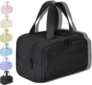 Cureaway Travel Cosmetic Bag, Large Capacity Wide-Open Travel Cosmetic Bag, Open Flat Makeup Bag with 4 Compartments for Toiletries, Cosmetic, Unisex (Black)