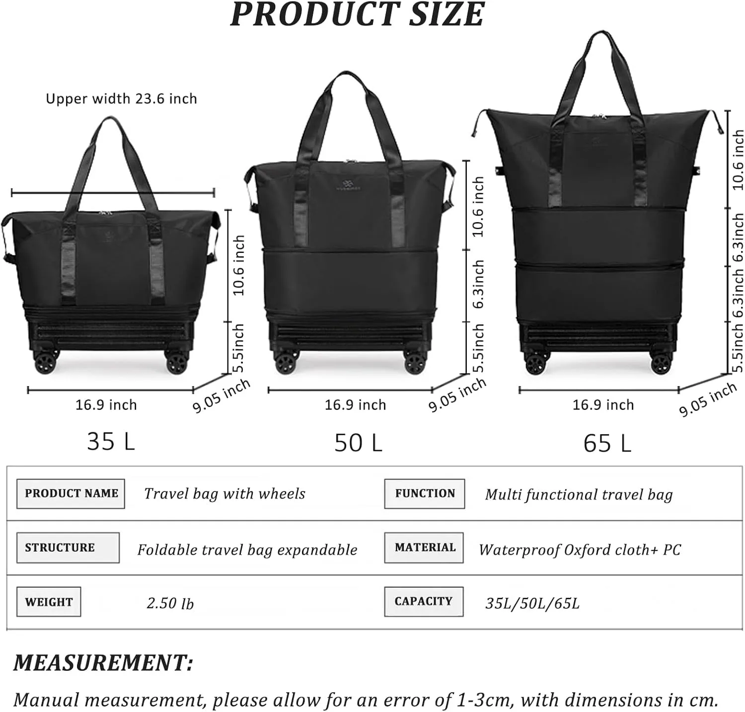 Debaishi Rolling Duffle Bag with Wheels,Expandable Suitcases With Wheels,Carry-on Large Duffel Bag,Foldable Travel Bag for Men Women Travel Or Business (Black)