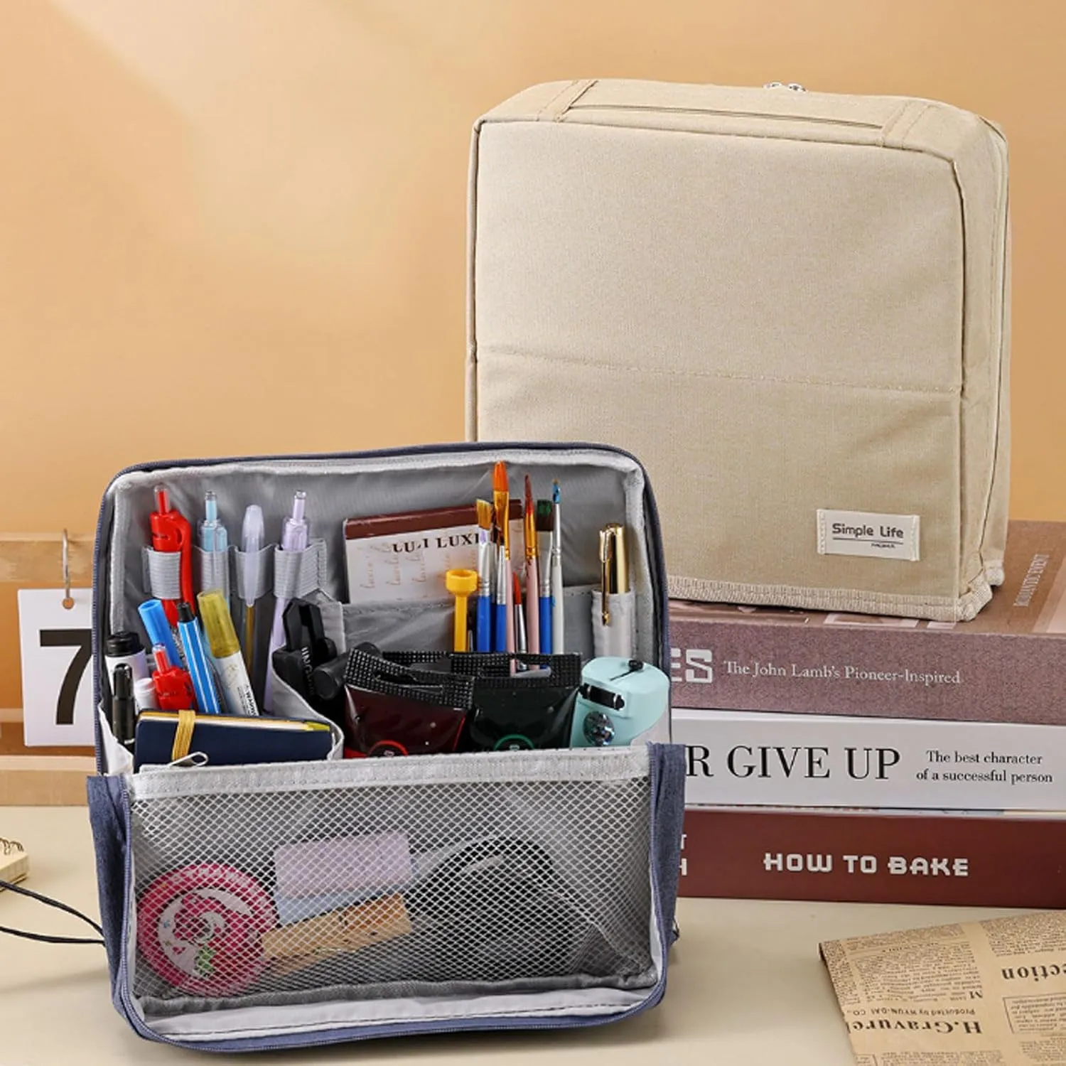 Doresty Makeup Bag,Standing Makeup Bag – Portable, Large Capacity,Waterproof,Multi-Purpose Large Capacity Oxford Cloth Standing Makeups Bags,for Daily,Travel (Beige)