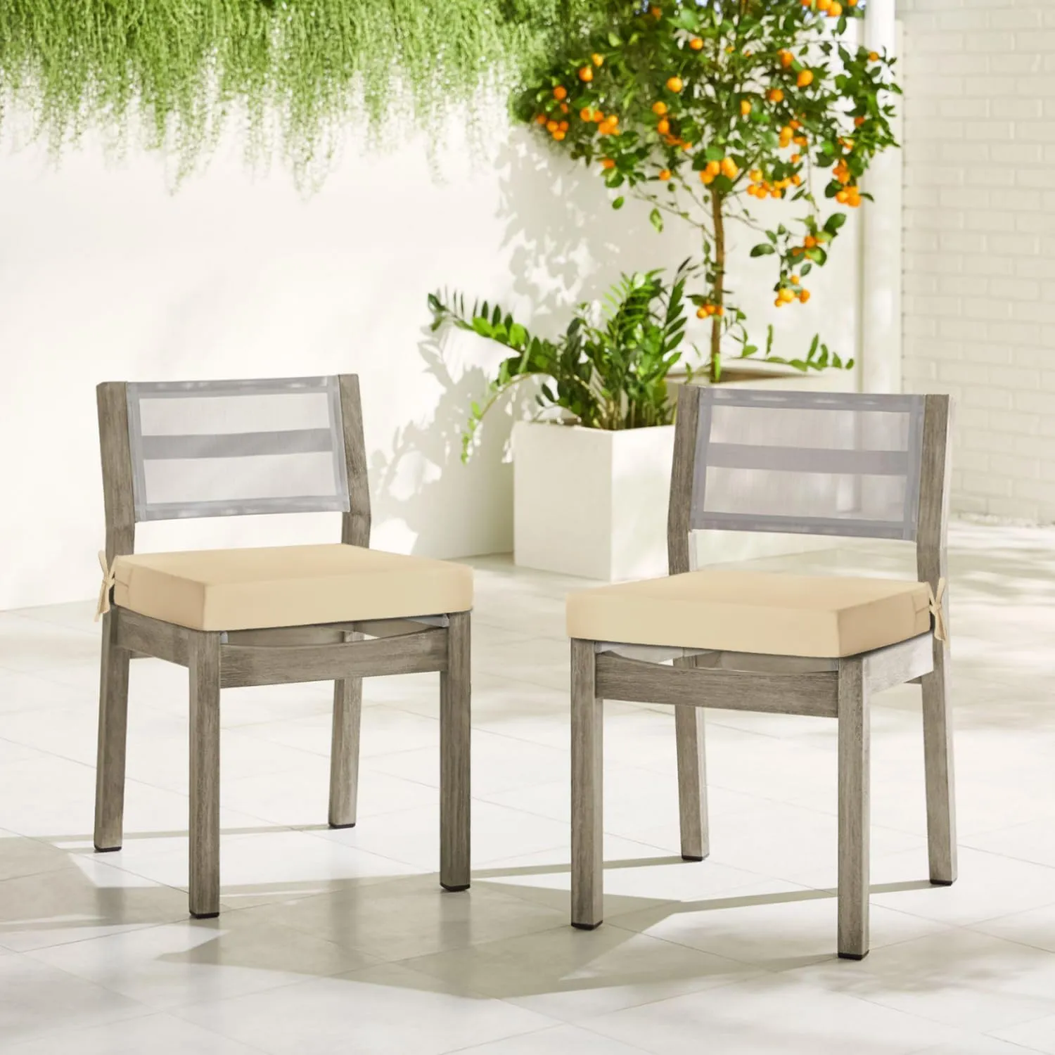 downluxe Waterproof Outdoor Chair Cushions for Patio Furniture, 19" x 19" x 2" Patio Chair Cushion with Adjustable Ties & Portable Handle, Square Outdoor Cushion with Removable Cover, Beige, 2 Pack