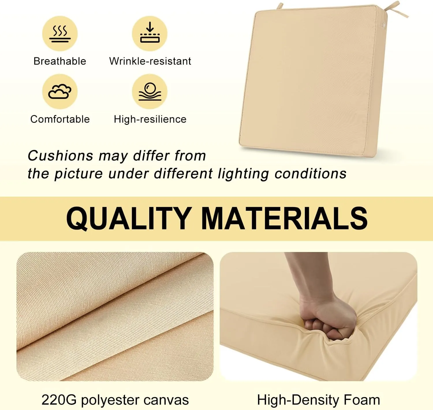 downluxe Waterproof Outdoor Chair Cushions for Patio Furniture, 19" x 19" x 2" Patio Chair Cushion with Adjustable Ties & Portable Handle, Square Outdoor Cushion with Removable Cover, Beige, 2 Pack