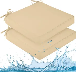 downluxe Waterproof Outdoor Chair Cushions for Patio Furniture, 19" x 19" x 2" Patio Chair Cushion with Adjustable Ties & Portable Handle, Square Outdoor Cushion with Removable Cover, Beige, 2 Pack