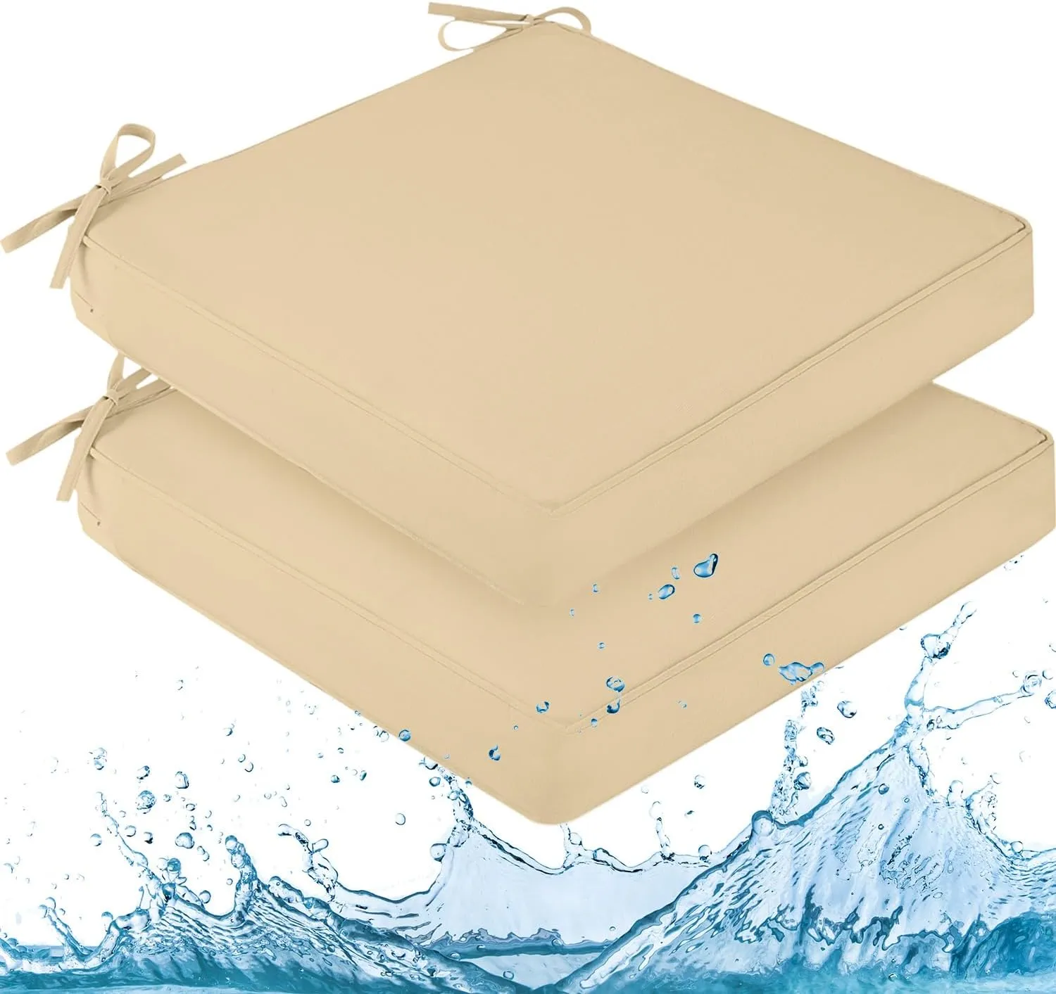 downluxe Waterproof Outdoor Chair Cushions for Patio Furniture, 19" x 19" x 2" Patio Chair Cushion with Adjustable Ties & Portable Handle, Square Outdoor Cushion with Removable Cover, Beige, 2 Pack