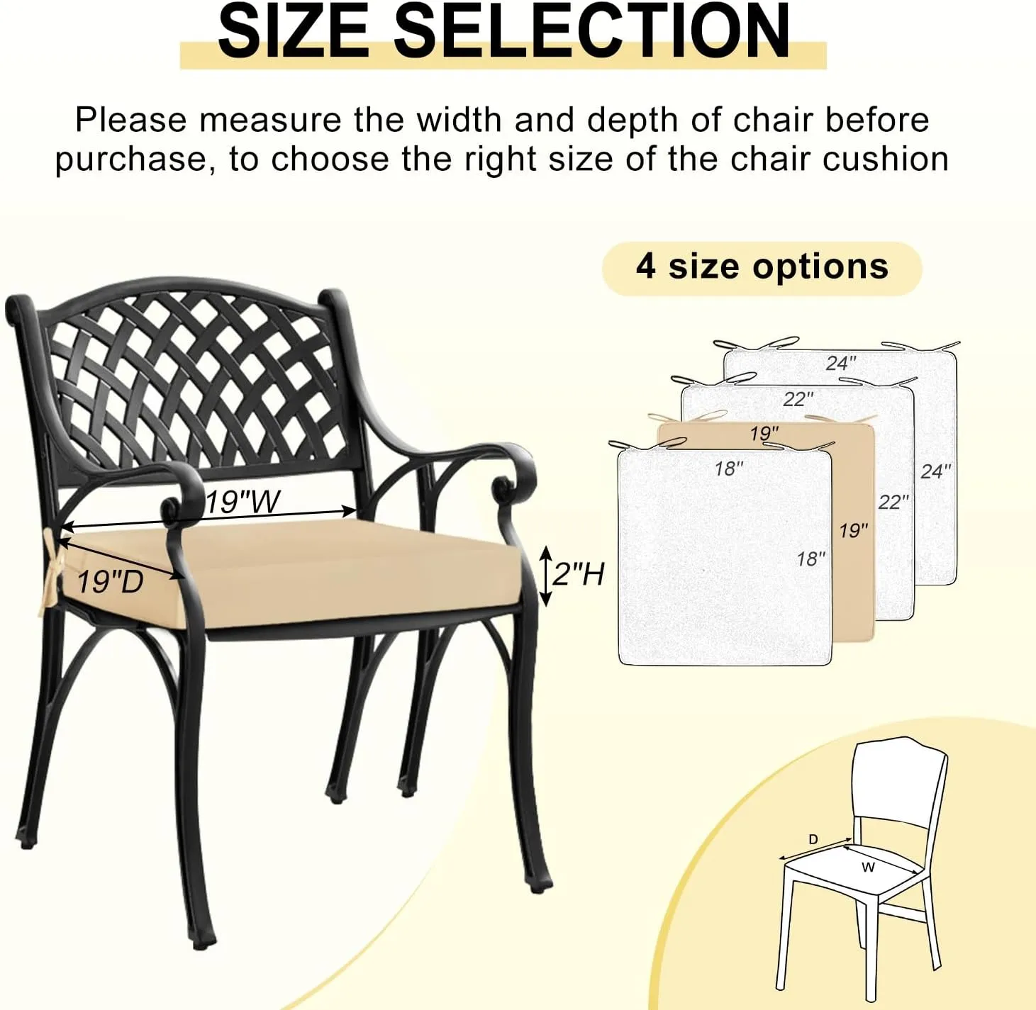 downluxe Waterproof Outdoor Chair Cushions for Patio Furniture, 19" x 19" x 2" Patio Chair Cushion with Adjustable Ties & Portable Handle, Square Outdoor Cushion with Removable Cover, Beige, 2 Pack