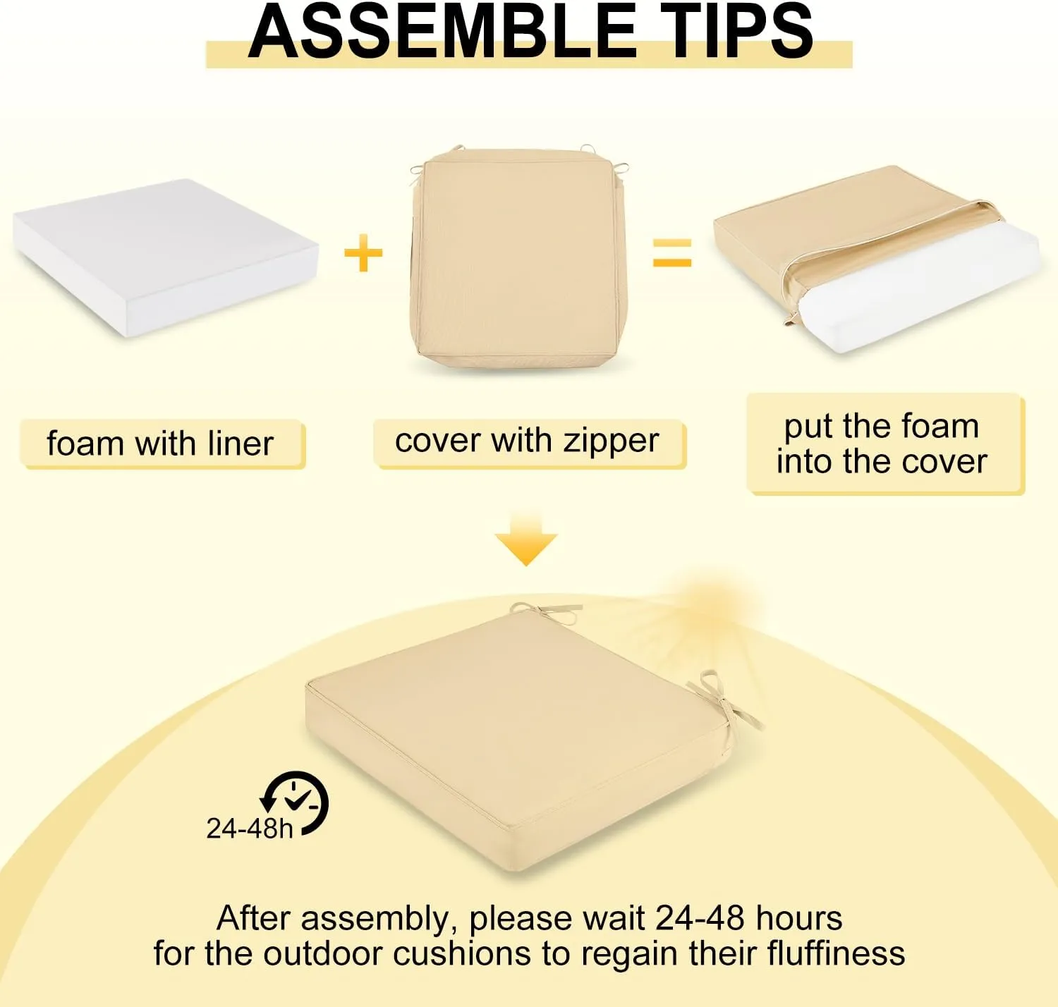 downluxe Waterproof Outdoor Chair Cushions for Patio Furniture, 19" x 19" x 2" Patio Chair Cushion with Adjustable Ties & Portable Handle, Square Outdoor Cushion with Removable Cover, Beige, 2 Pack