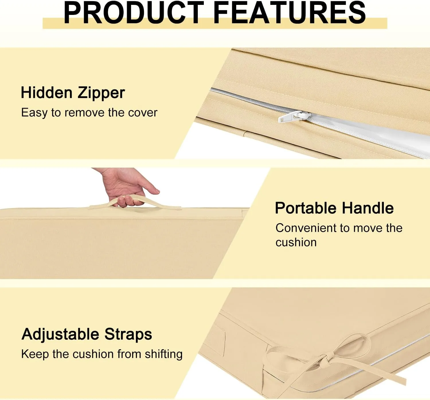 downluxe Waterproof Outdoor Chair Cushions for Patio Furniture, 19" x 19" x 2" Patio Chair Cushion with Adjustable Ties & Portable Handle, Square Outdoor Cushion with Removable Cover, Beige, 2 Pack