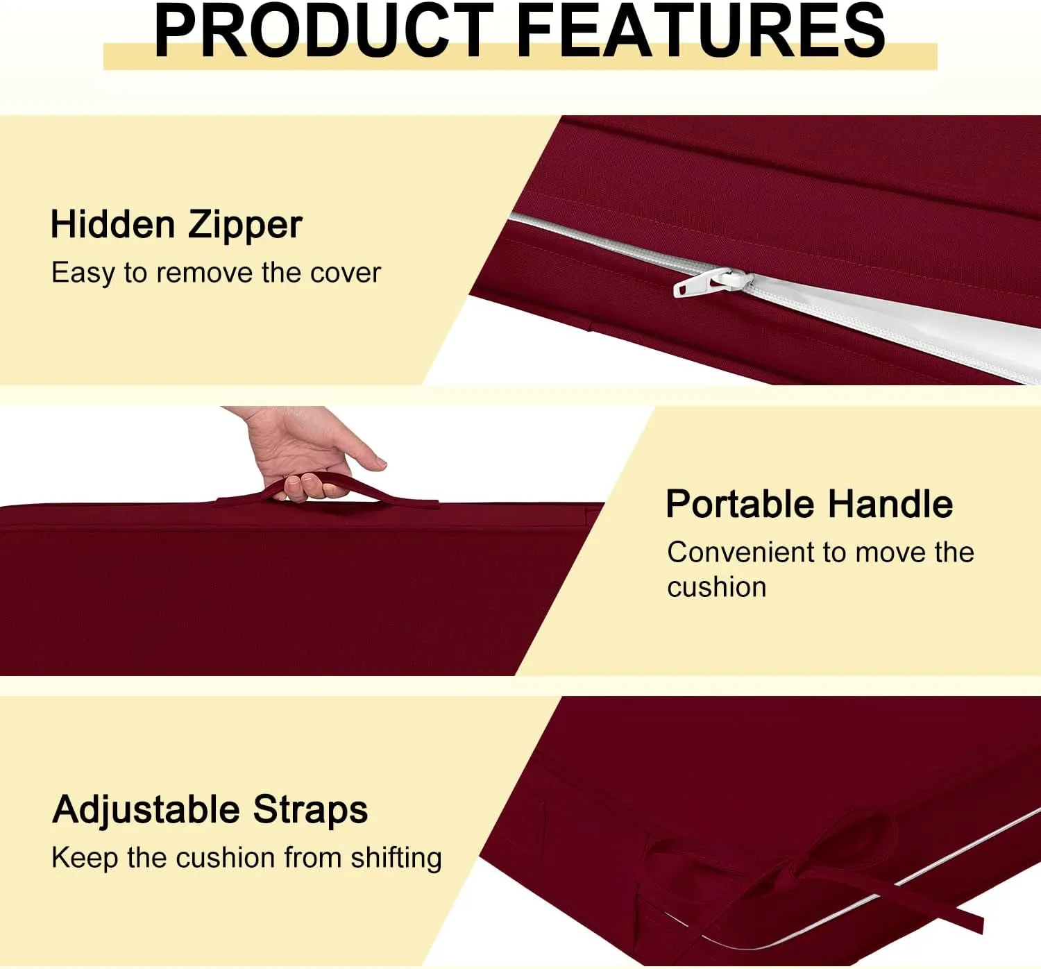 downluxe Waterproof Outdoor Chair Cushions for Patio Furniture, 19" x 19" x 2" Patio Chair Cushion with Adjustable Ties & Portable Handle, Square Outdoor Cushion with Removable Cover, Burgundy, 2 Pack