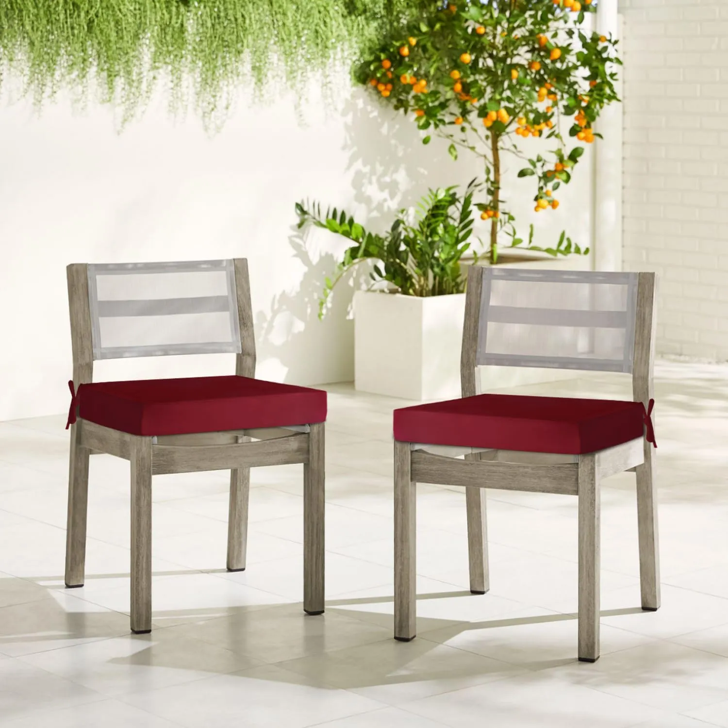 downluxe Waterproof Outdoor Chair Cushions for Patio Furniture, 19" x 19" x 2" Patio Chair Cushion with Adjustable Ties & Portable Handle, Square Outdoor Cushion with Removable Cover, Burgundy, 2 Pack