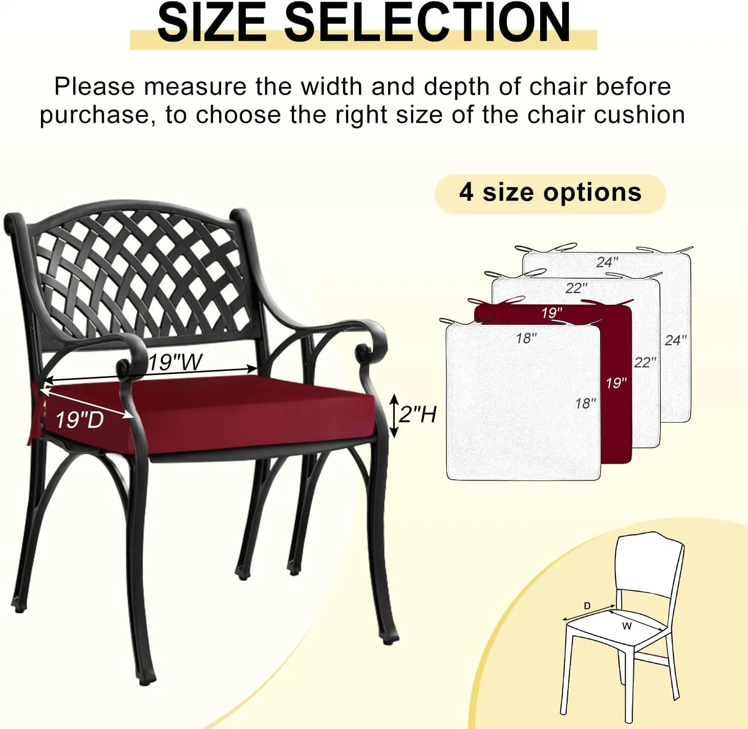 downluxe Waterproof Outdoor Chair Cushions for Patio Furniture, 19" x 19" x 2" Patio Chair Cushion with Adjustable Ties & Portable Handle, Square Outdoor Cushion with Removable Cover, Burgundy, 2 Pack