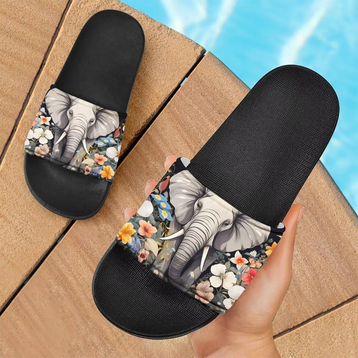 Elephant Print Women Slide Sandals Non Slip Summer House Slippers for Girls Slip-on Flip Flops Cusual Beach Sandal Athletic Sandals