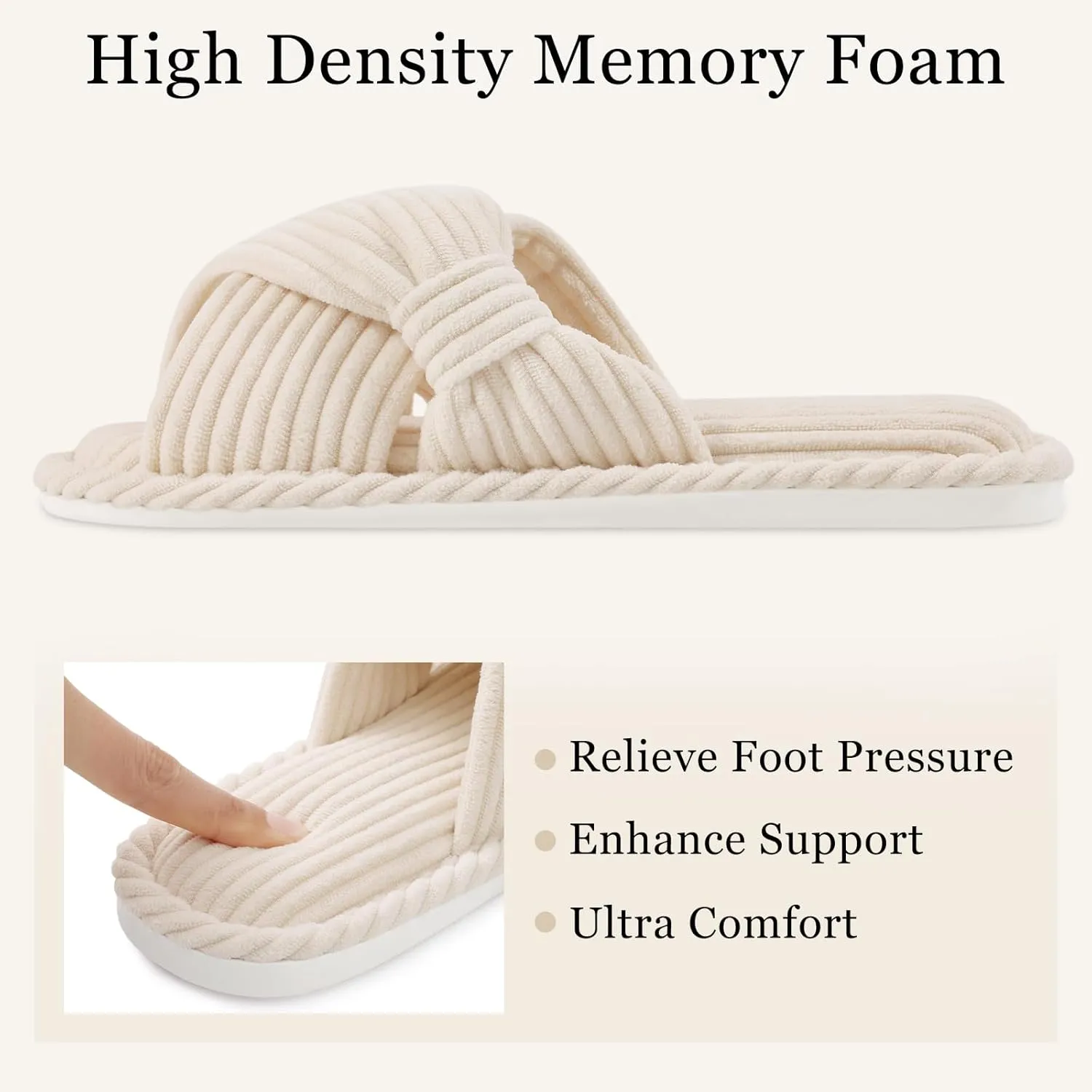 Evshine Summer House Slippers for Women Corduroy Cross Bow Indoor Slippers Open Toe Slip On Bedroom Shoes with Memory Foam