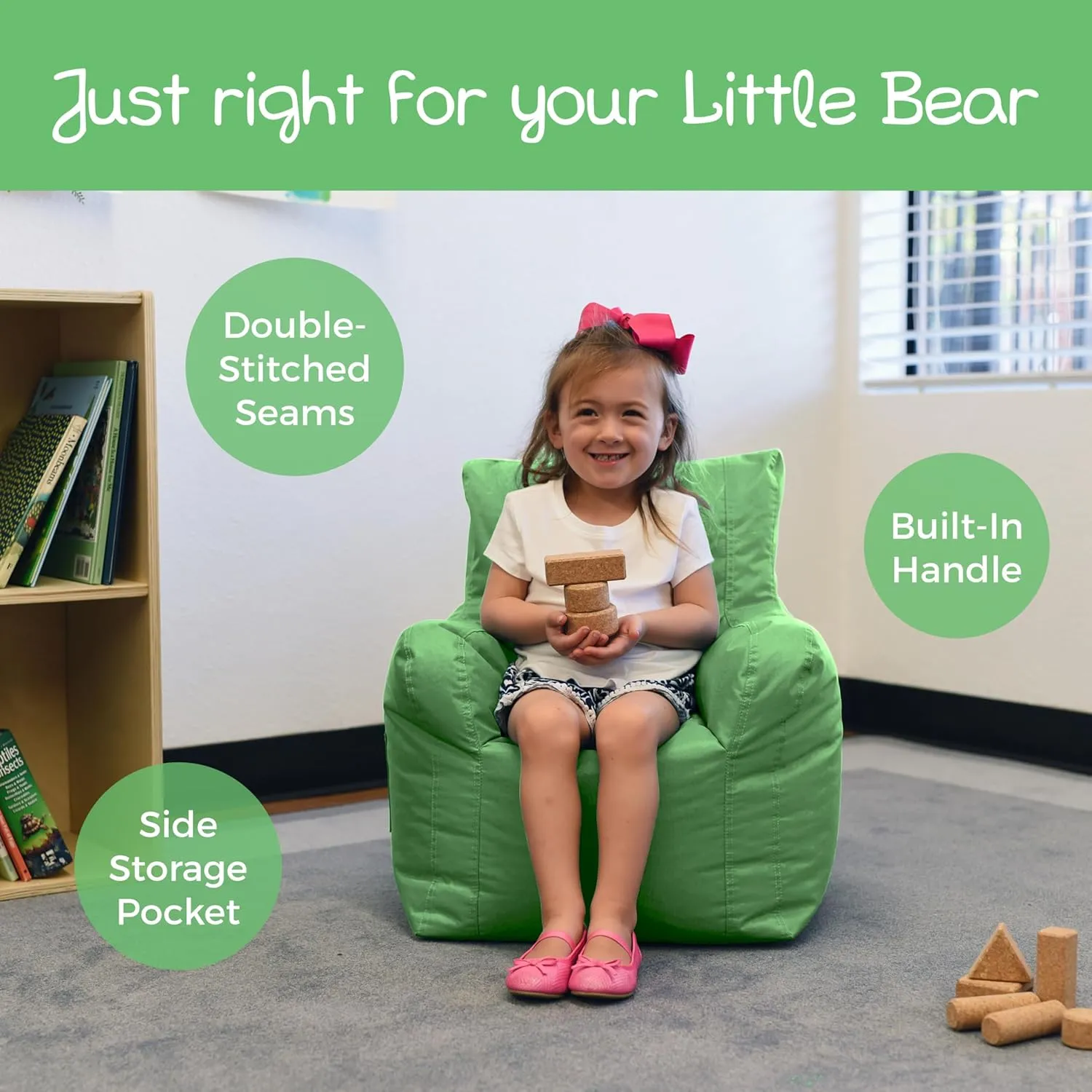 Factory Direct Partners 10483-GG Cali Little Bear Sack Bean Bag Chair, Dirt-Resistant Coated Oxford Fabric - Grassy Green