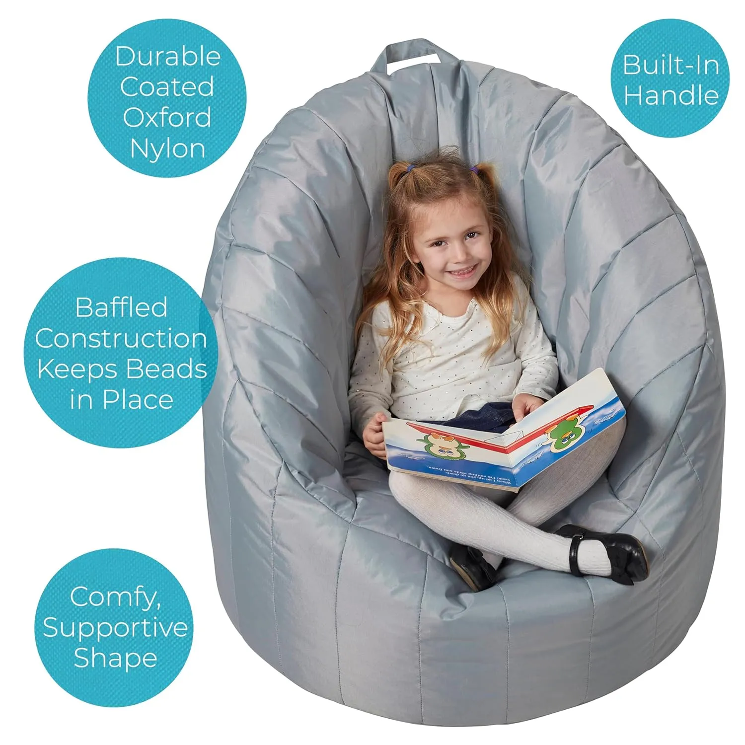 Factory Direct Partners Cali Seashell Bean Bag Chair, Durable Coated Oxford Nylon Cover, Flexible Seating for Kids, Teens, Adults; Sewn-in Handle for Easy Transport at Home or on Road - Aqua