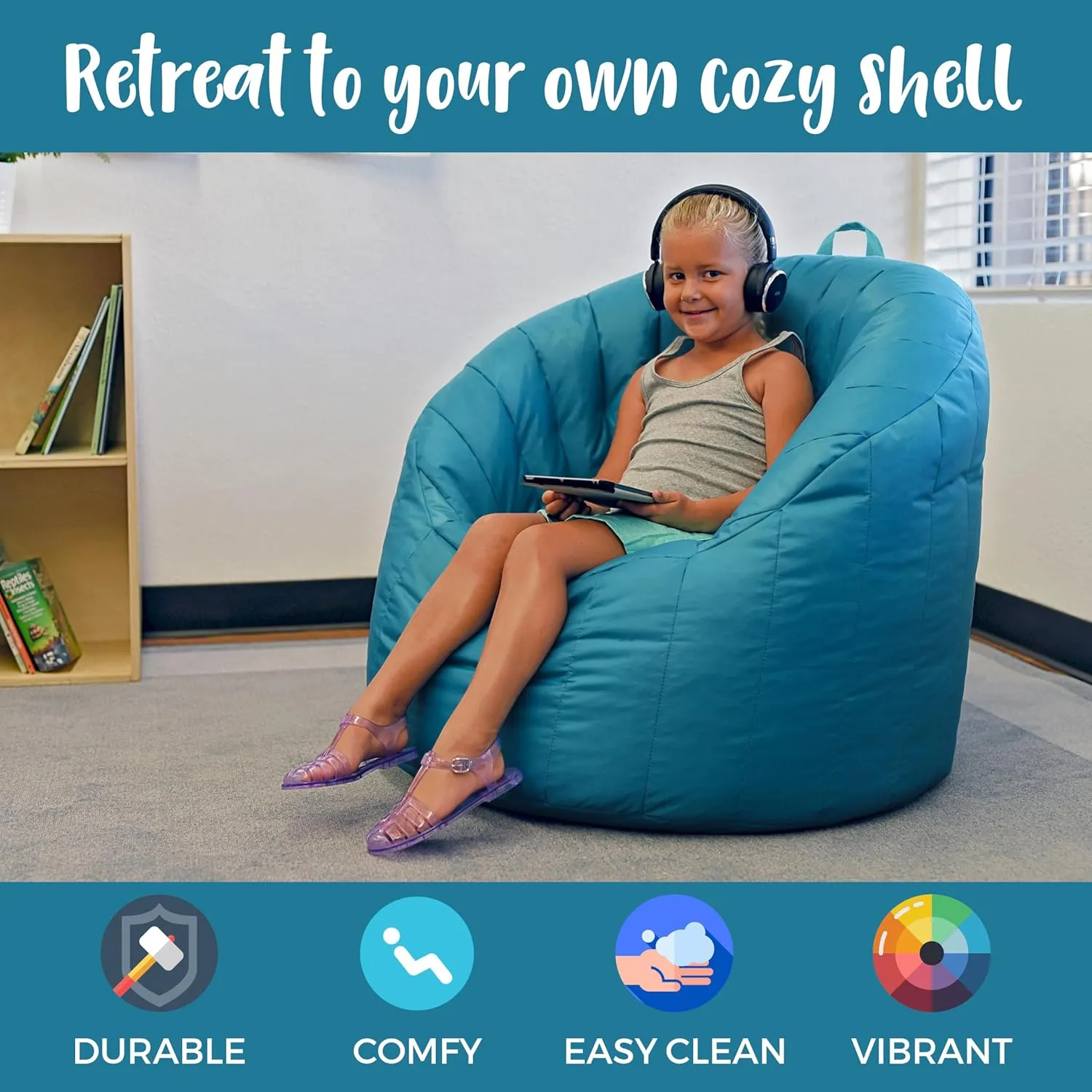 Factory Direct Partners Cali Seashell Bean Bag Chair, Durable Coated Oxford Nylon Cover, Flexible Seating for Kids, Teens, Adults; Sewn-in Handle for Easy Transport at Home or on Road - Aqua