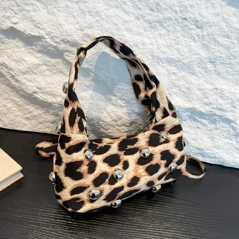 Fashion handbags leopard print retro shoulder purses personality niche punk still nail shoulder bags for women