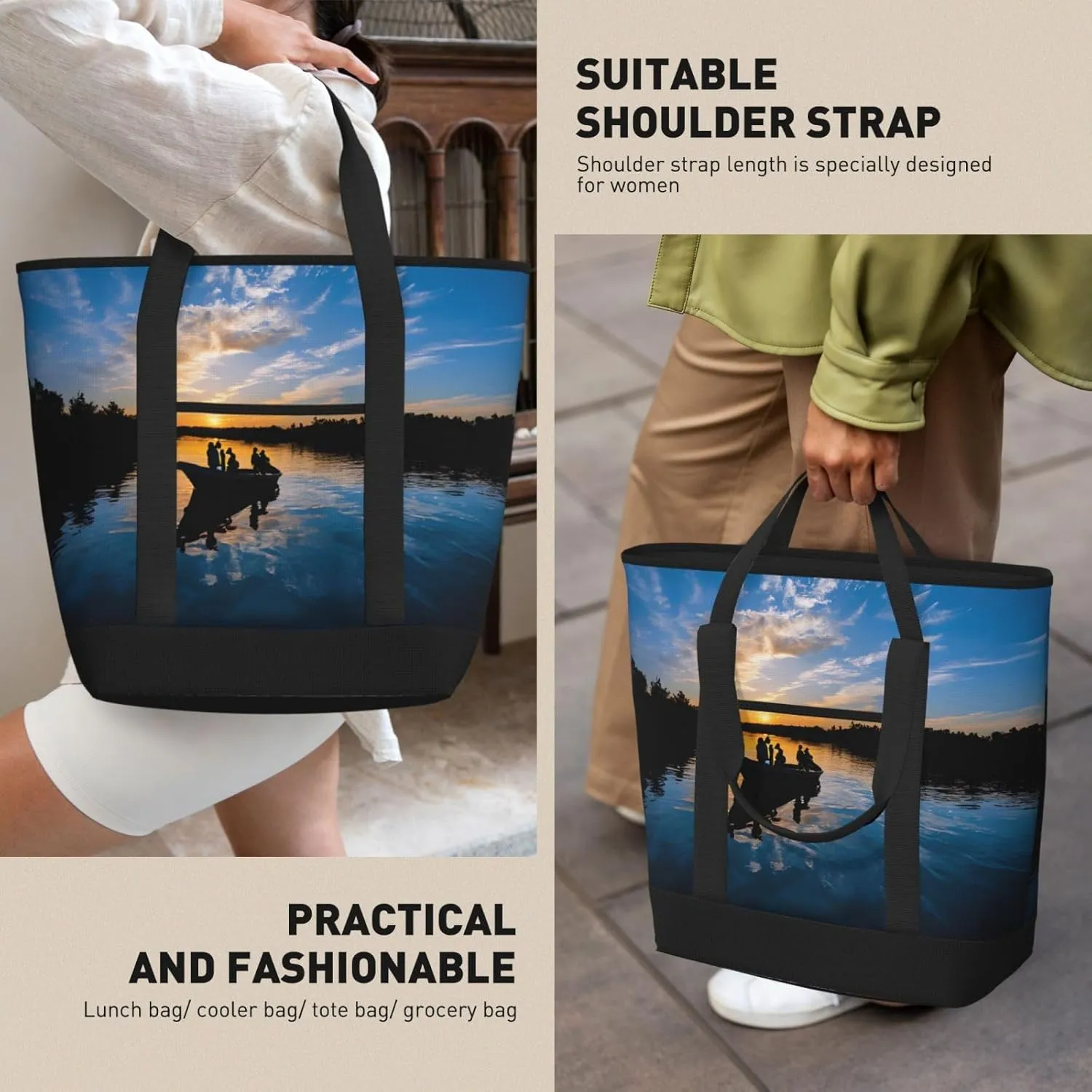 Fishing Scenic Large Capacity Insulated Single Shoulder Handbag, Waterproof, Sturdy And Durable