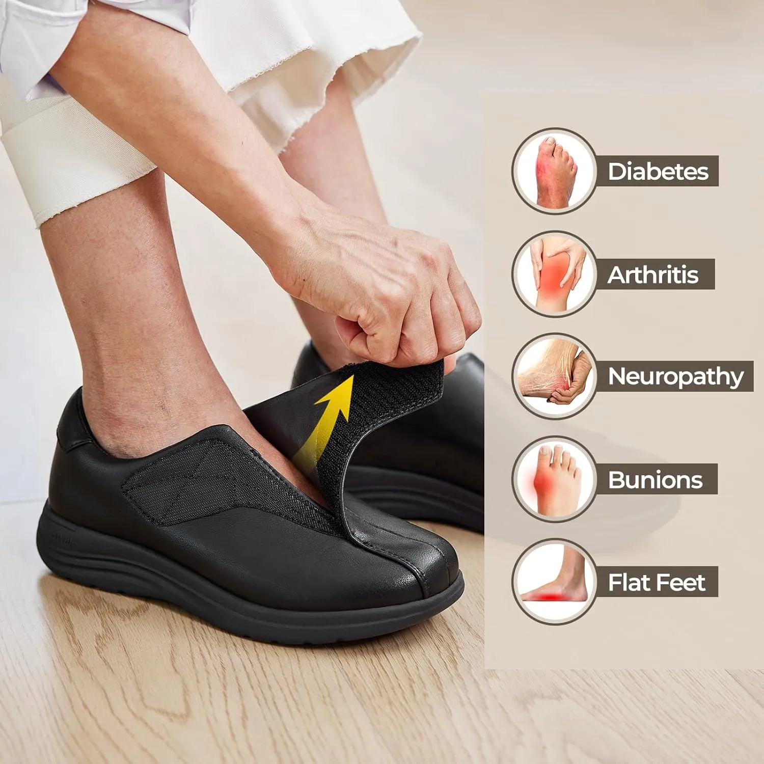 FitVille Diabetic Shoes for Women Slip On Classic Oxford Shoes Adjustable Strap Business Formal Dress Shoes PU Leather Loafers Edema Shoes Plantar Fasciitis Sneakers - EasyTop Dress Shoes V1