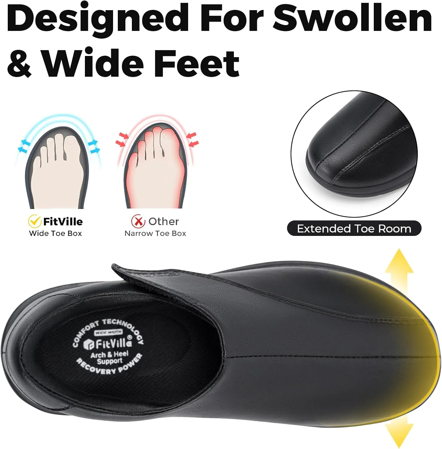 FitVille Diabetic Shoes for Women Slip On Classic Oxford Shoes Adjustable Strap Business Formal Dress Shoes PU Leather Loafers Edema Shoes Plantar Fasciitis Sneakers - EasyTop Dress Shoes V1