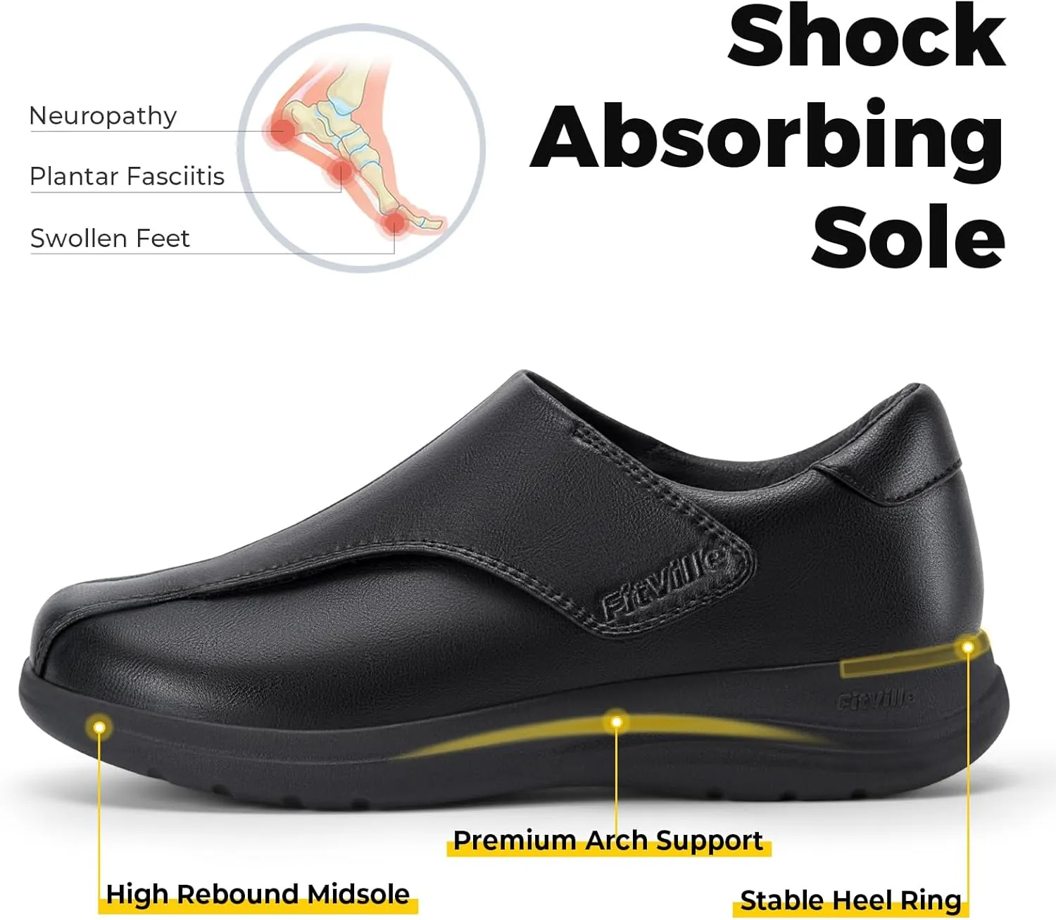 FitVille Diabetic Shoes for Women Slip On Classic Oxford Shoes Adjustable Strap Business Formal Dress Shoes PU Leather Loafers Edema Shoes Plantar Fasciitis Sneakers - EasyTop Dress Shoes V1