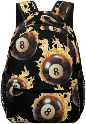 Flaming 8 Ball Billiards Classic Basic Backpack Durable Casual Travel Hiking Laptop Adjustable Bag