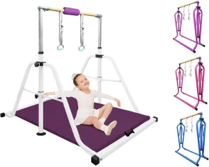 Foldable & Moveable Gymnastics Horizontal Bar with Rings,3’to 5’Adjustable Height Expandable Junior Kip Bar for Home,Indoor Gym Equipment for Kids