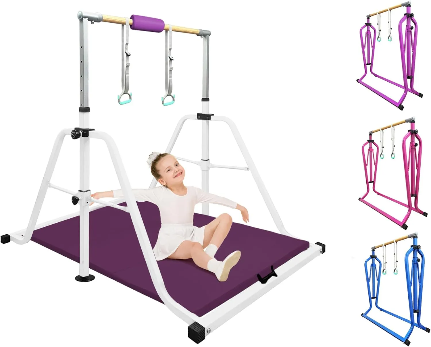 Foldable & Moveable Gymnastics Horizontal Bar with Rings,3’to 5’Adjustable Height Expandable Junior Kip Bar for Home,Indoor Gym Equipment for Kids