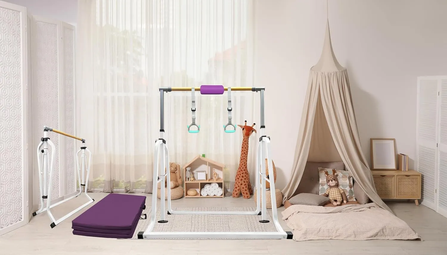 Foldable & Moveable Gymnastics Horizontal Bar with Rings,3’to 5’Adjustable Height Expandable Junior Kip Bar for Home,Indoor Gym Equipment for Kids