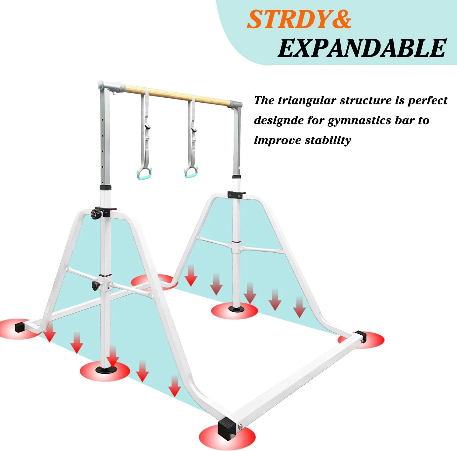 Foldable & Moveable Gymnastics Horizontal Bar with Rings,3’to 5’Adjustable Height Expandable Junior Kip Bar for Home,Indoor Gym Equipment for Kids