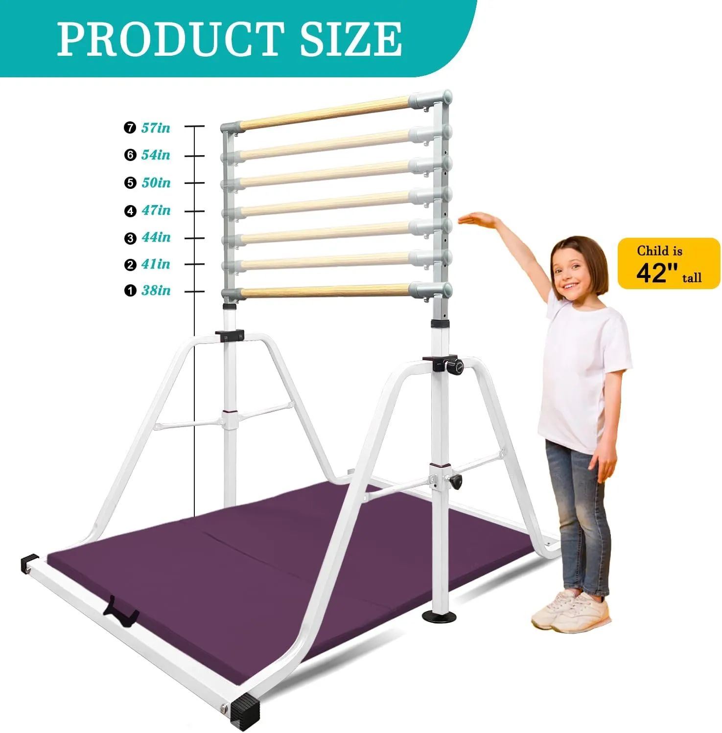 Foldable & Moveable Gymnastics Horizontal Bar with Rings,3’to 5’Adjustable Height Expandable Junior Kip Bar for Home,Indoor Gym Equipment for Kids