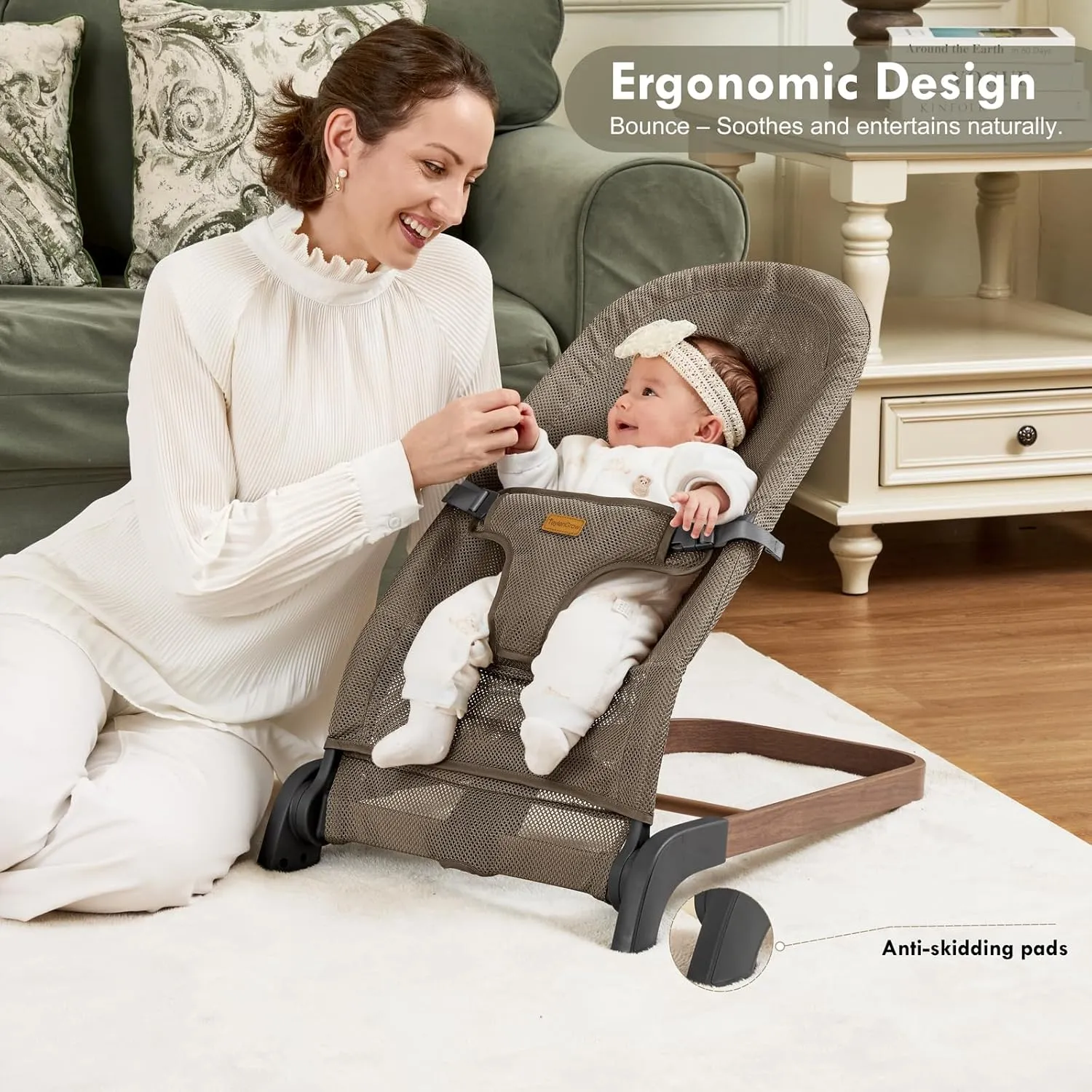 Foldable Baby Bouncer, 3-Height Adjustable, Portable Newborn Rocker, Ergonomic Bouncer Seat for 0-6 Months, Breathable Mesh (Green)
