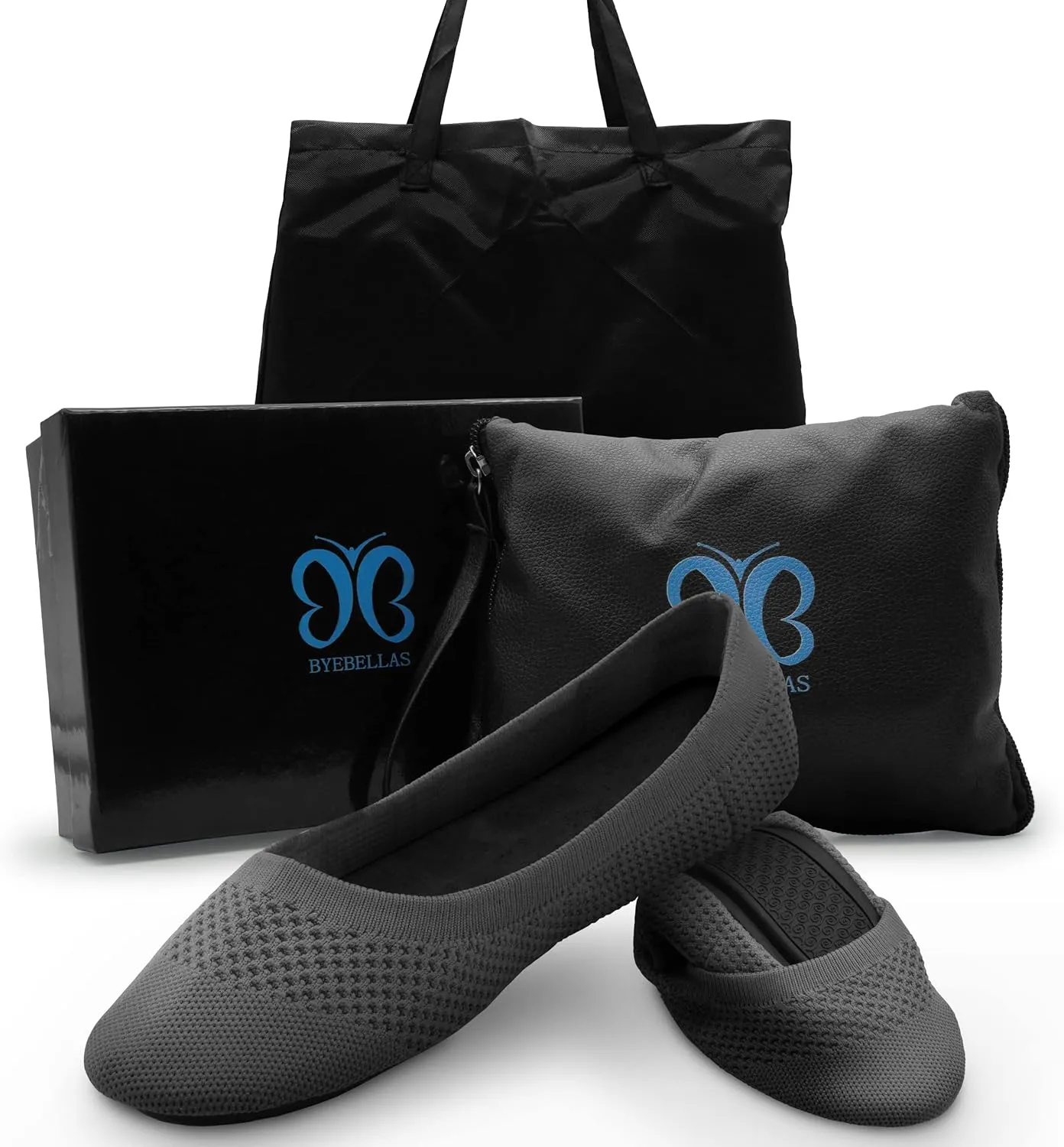 Foldable Stretch Knit Travel Slip-On Round Toe Ballet Flats with Packable Zipper Pouch and Expandable Tote Bag Carrying Case Split Sole Shoes