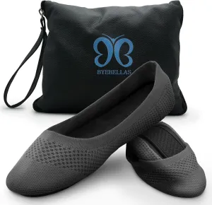 Foldable Stretch Knit Travel Slip-On Round Toe Ballet Flats with Packable Zipper Pouch and Expandable Tote Bag Carrying Case Split Sole Shoes