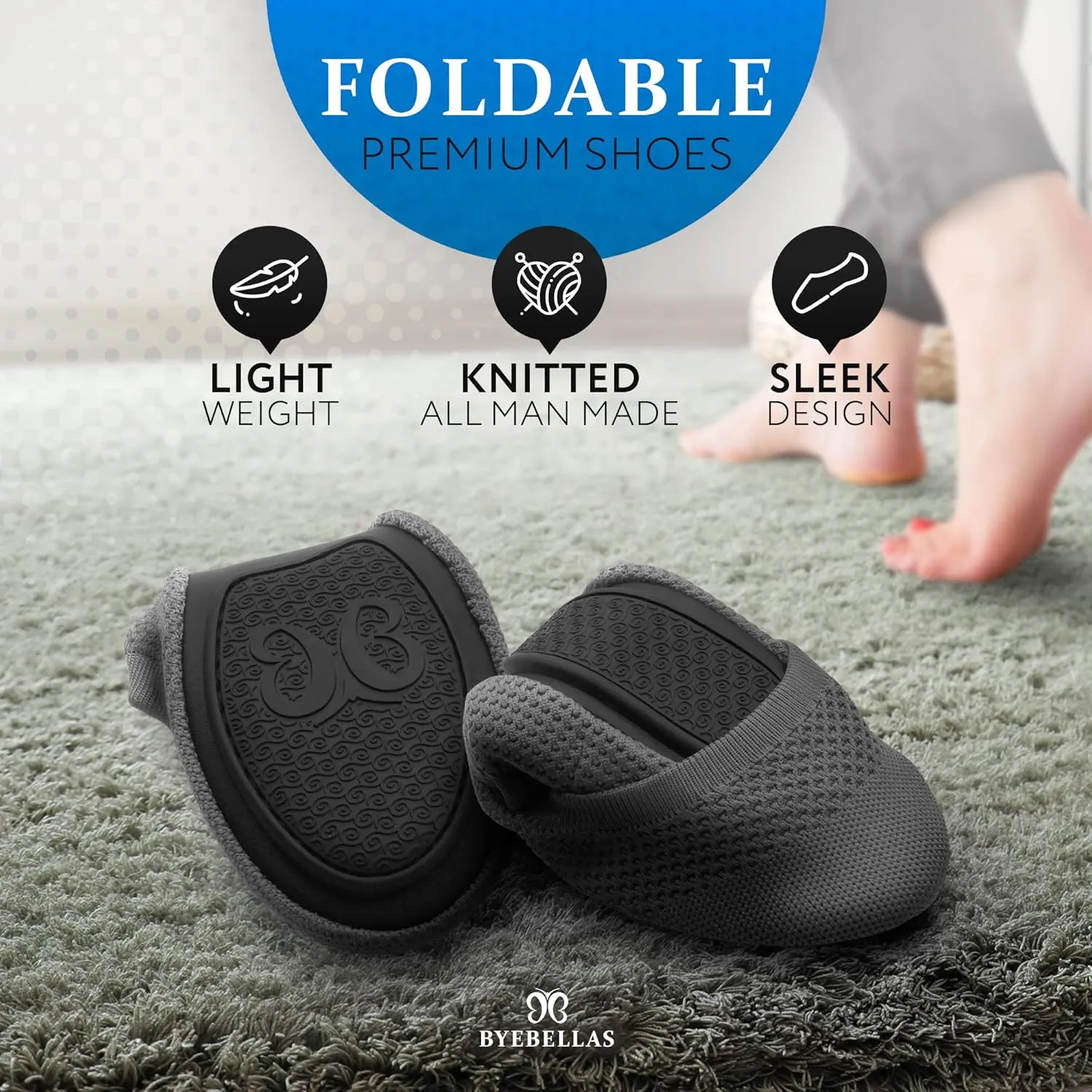 Foldable Stretch Knit Travel Slip-On Round Toe Ballet Flats with Packable Zipper Pouch and Expandable Tote Bag Carrying Case Split Sole Shoes