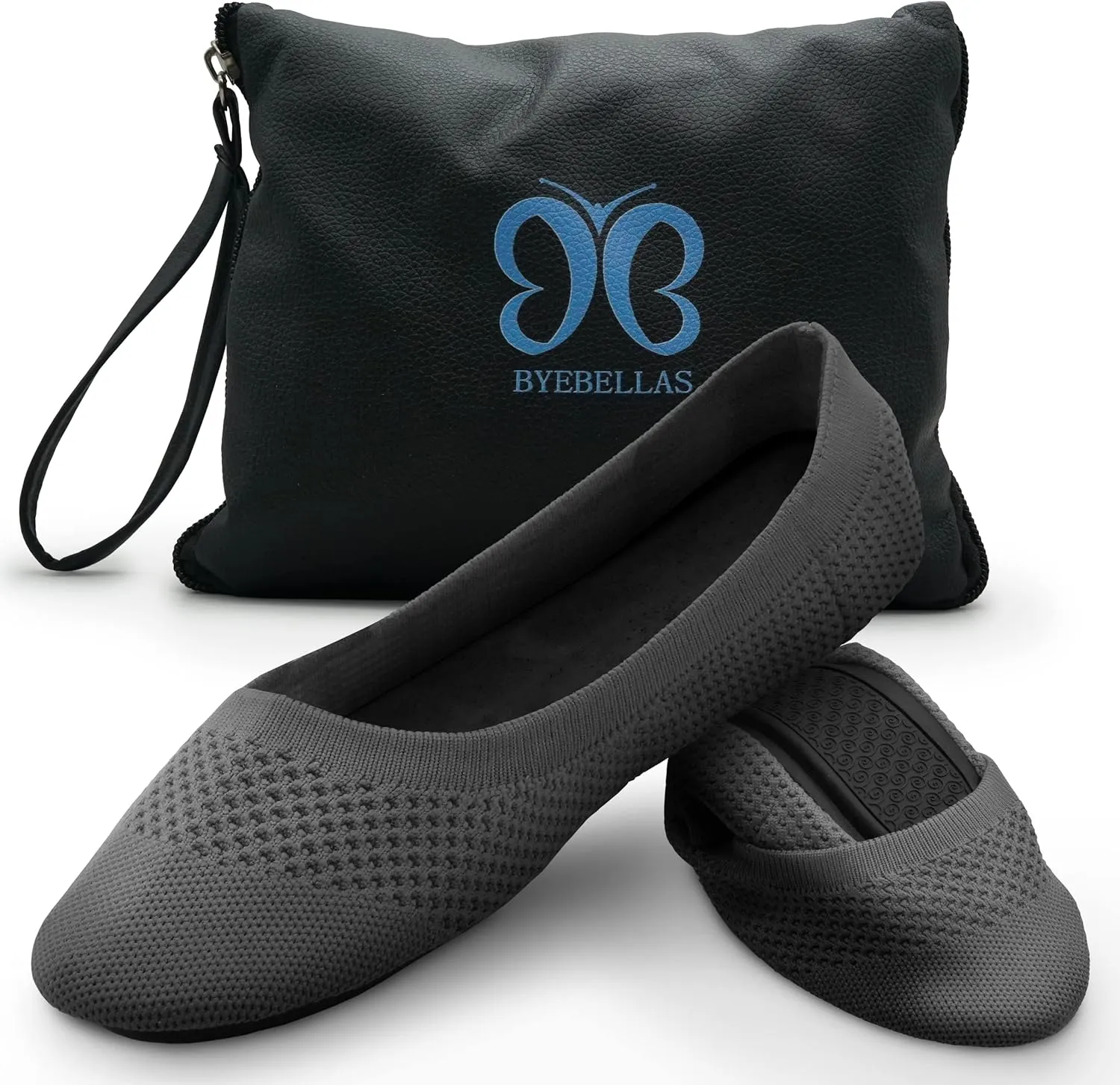 Foldable Stretch Knit Travel Slip-On Round Toe Ballet Flats with Packable Zipper Pouch and Expandable Tote Bag Carrying Case Split Sole Shoes