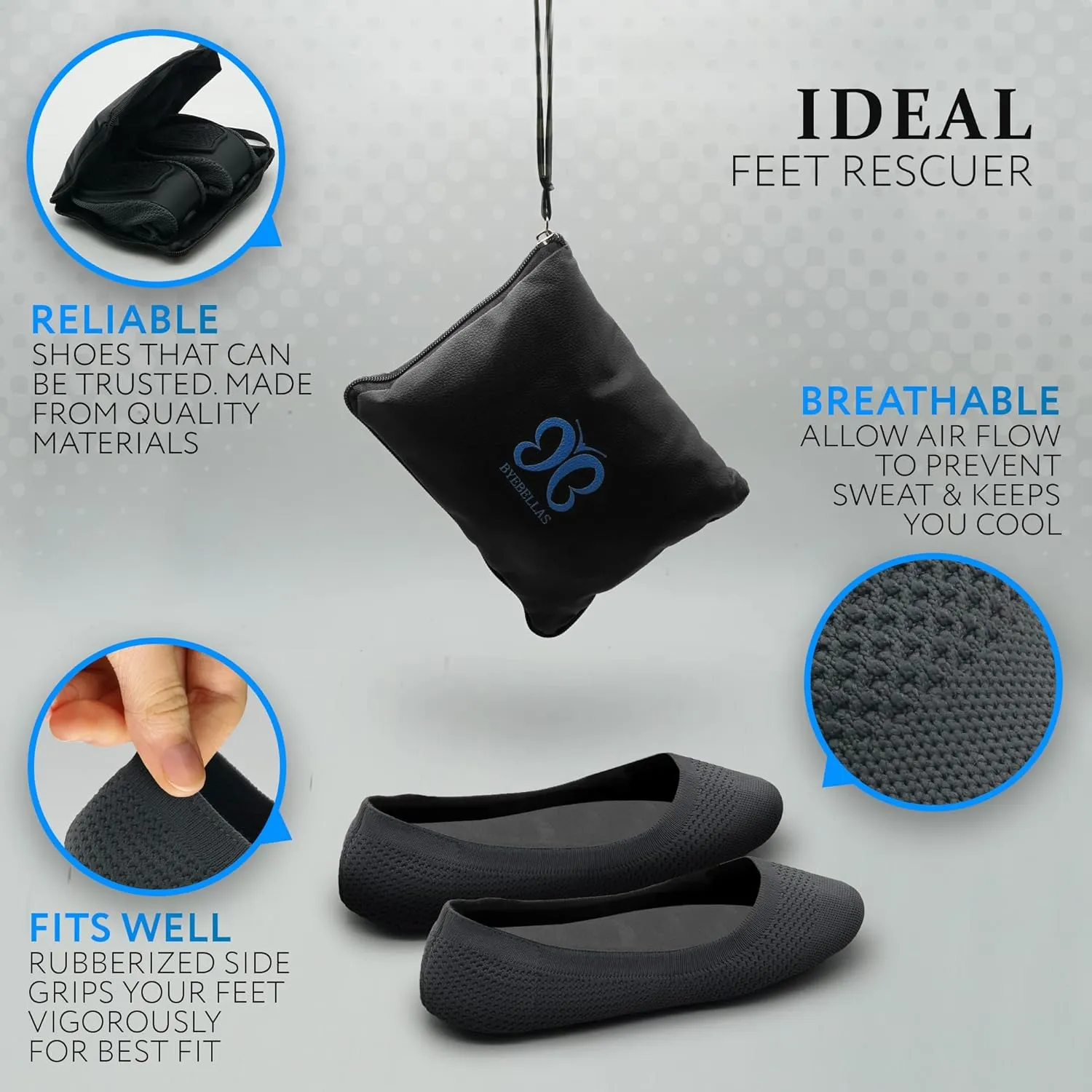 Foldable Stretch Knit Travel Slip-On Round Toe Ballet Flats with Packable Zipper Pouch and Expandable Tote Bag Carrying Case Split Sole Shoes