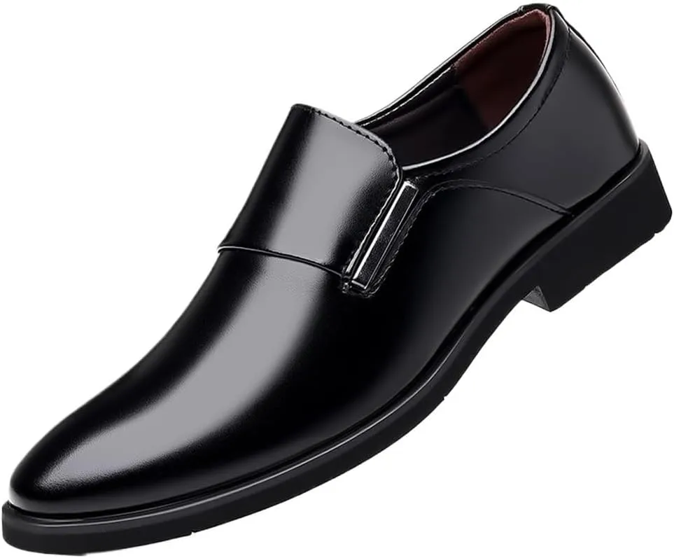 Formal Shoes for Men Men's Slip-On Leather Oxford Shoes, Classic Round-Toe, Low Top Block Heel, Breathable Fashion Dress Shoes for Business, Prom & Wedding
