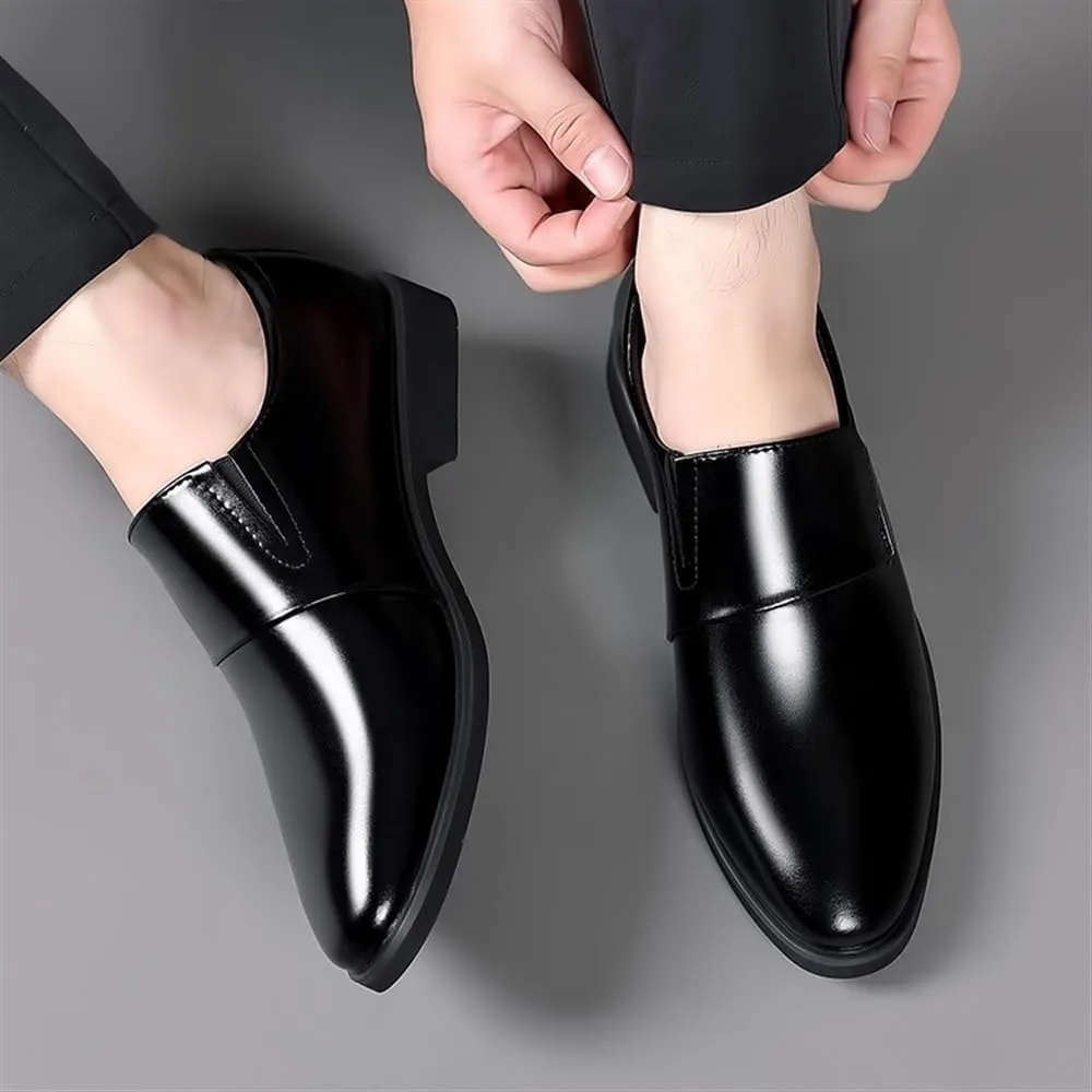 Formal Shoes for Men Men's Slip-On Leather Oxford Shoes, Classic Round-Toe, Low Top Block Heel, Breathable Fashion Dress Shoes for Business, Prom & Wedding