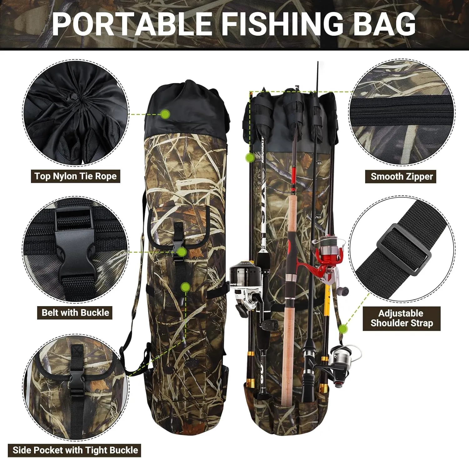 FOUUAAOOU Fishing Rod Bag, Fish Pole Case Bag with Durable Folding Oxford Fabric, Portable Fishing Gear for Men Fishing Gifts (Camouflage)