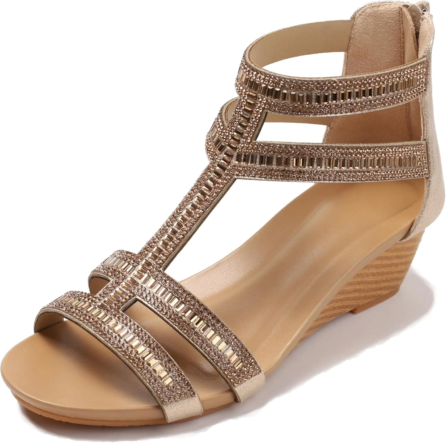 FRALOSHA Wedge Sandals for Women Ankle Strap Rhinestone Sandal Dressy Summer Heel Beach Casual Shoes