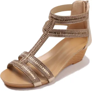 FRALOSHA Wedge Sandals for Women Ankle Strap Rhinestone Sandal Dressy Summer Heel Beach Casual Shoes