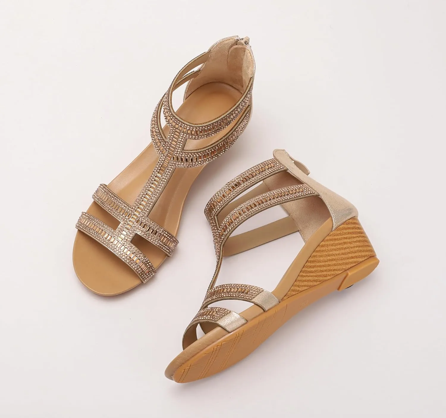 FRALOSHA Wedge Sandals for Women Ankle Strap Rhinestone Sandal Dressy Summer Heel Beach Casual Shoes