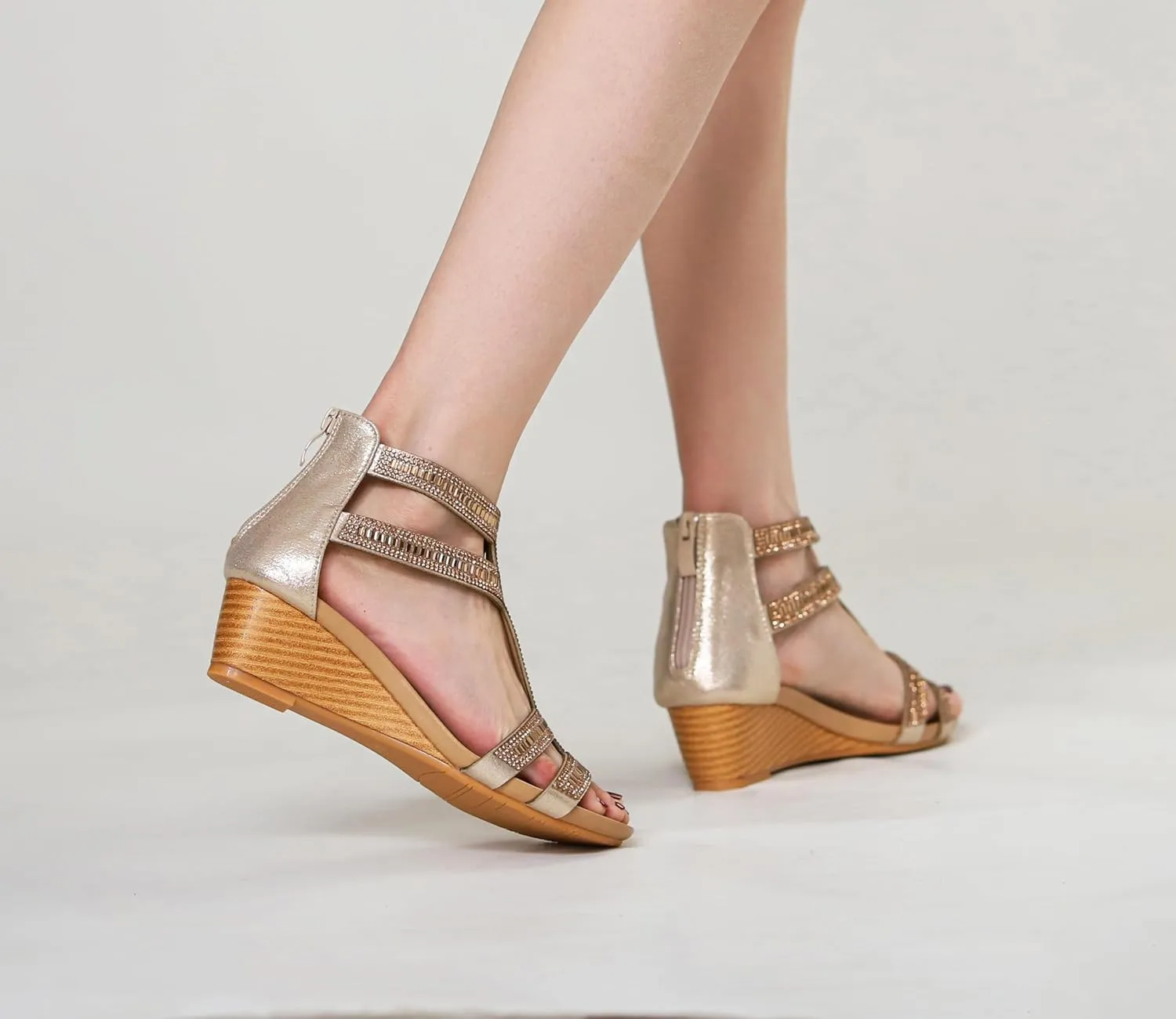 FRALOSHA Wedge Sandals for Women Ankle Strap Rhinestone Sandal Dressy Summer Heel Beach Casual Shoes