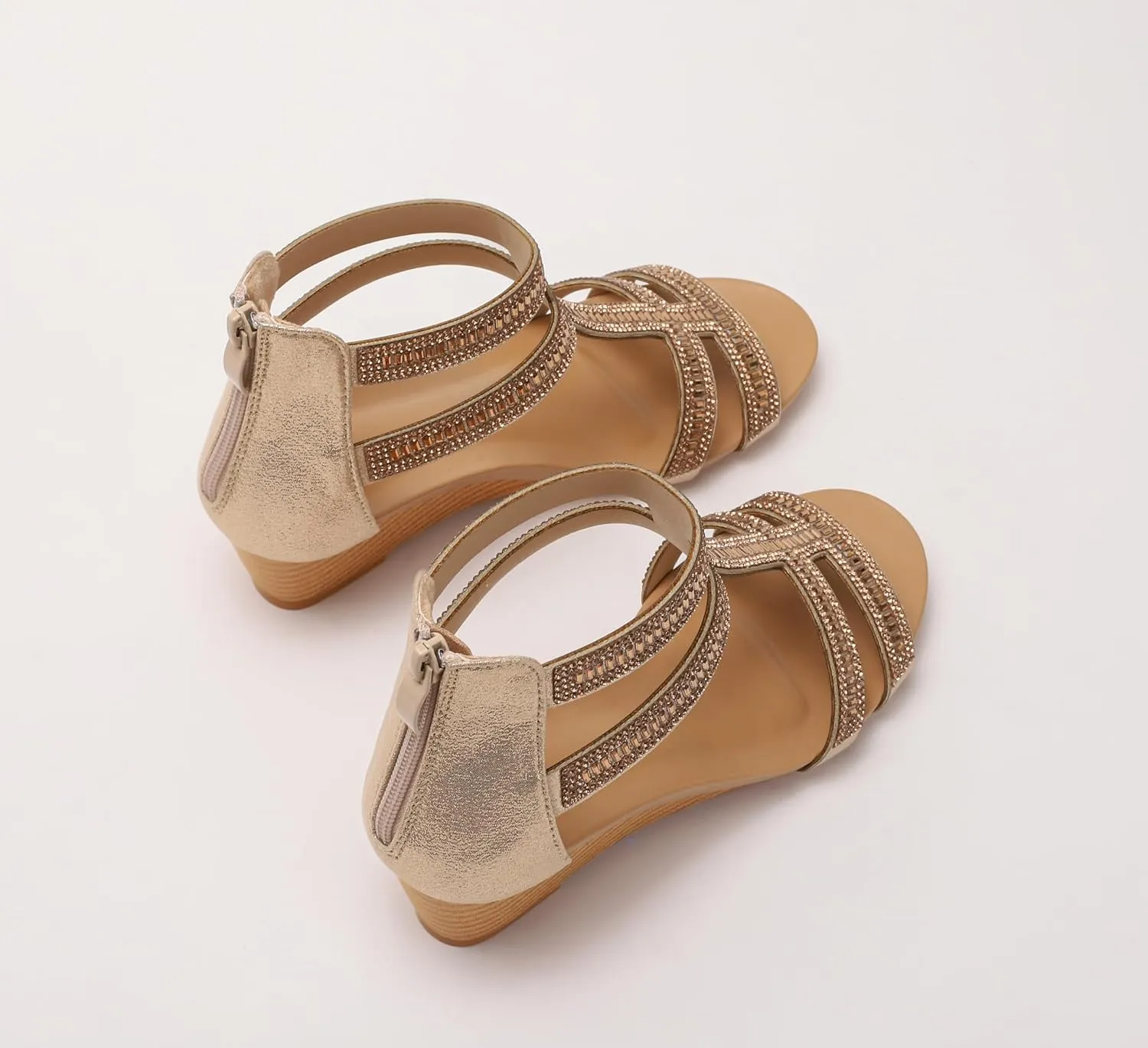 FRALOSHA Wedge Sandals for Women Ankle Strap Rhinestone Sandal Dressy Summer Heel Beach Casual Shoes