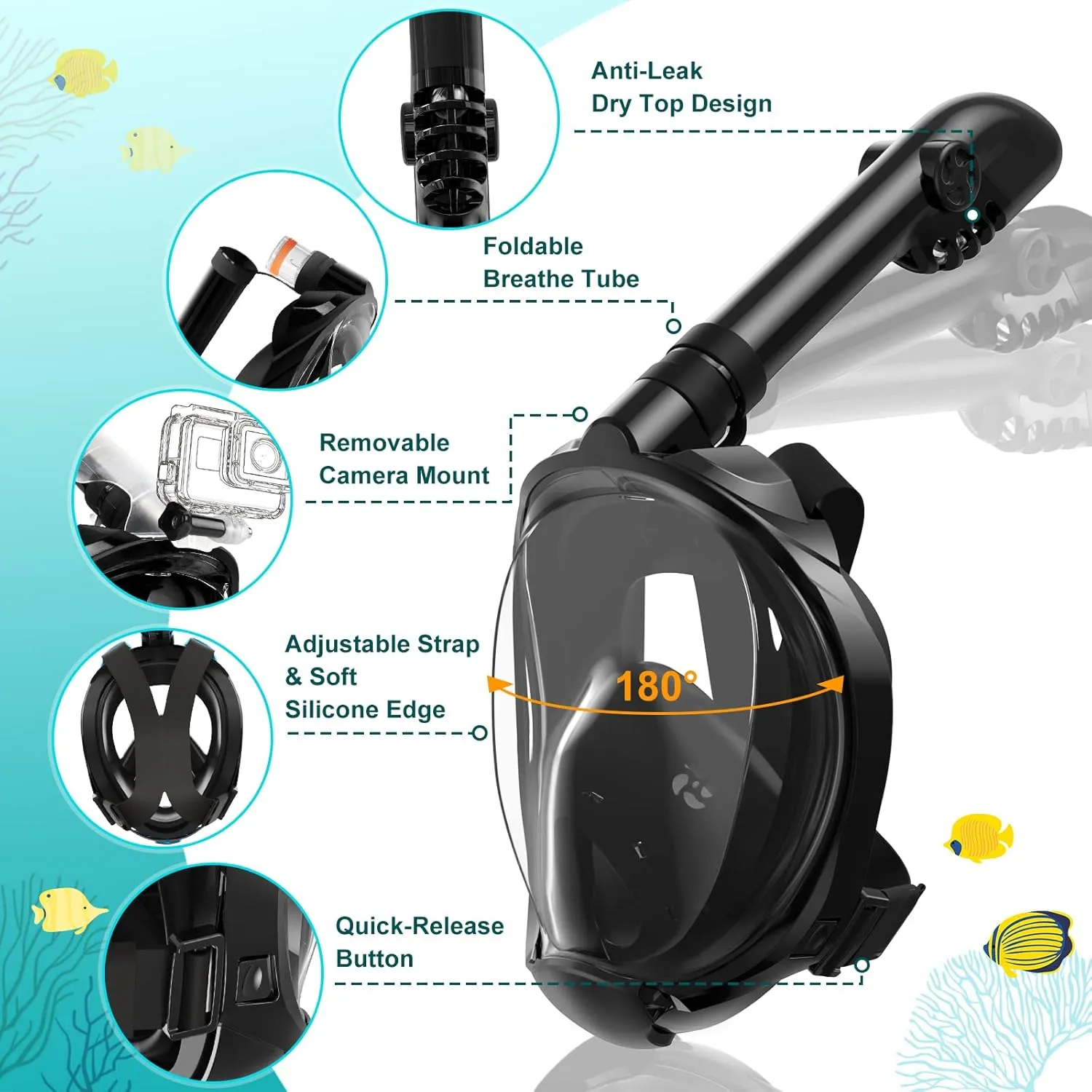 Full Face Snorkel Mask with Dry Top Breathing System, Foldable Panoramic View Snorkeling Mask with Detachable Camera Mount & Travel Bag for Snorkeling Swimming, Anti-Fog Anti-Leak