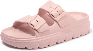 FUNKYMONKEY Women's Comfort Slides Double Buckle Adjustable Plastics Flat Sandals